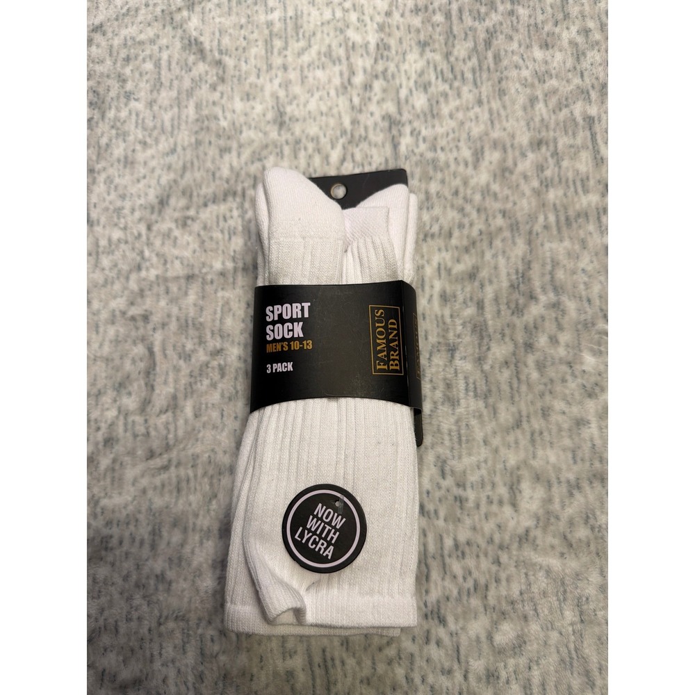 Famous Brand Sport Socks White Mens 10-13 3 Pack Crew Socks With Lycra NWT
